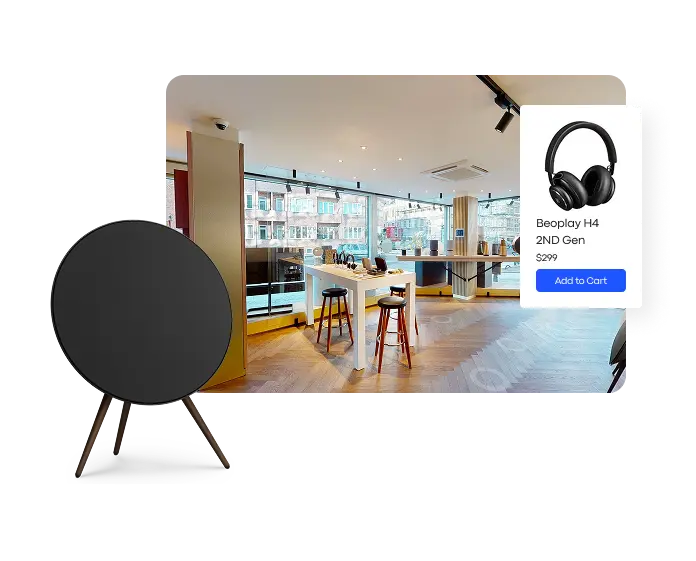 Virtual showroom built with Treedis V-Commerce displaying electronics, including a product card for Beoplay H4 headphones with an 'Add to Cart' option.