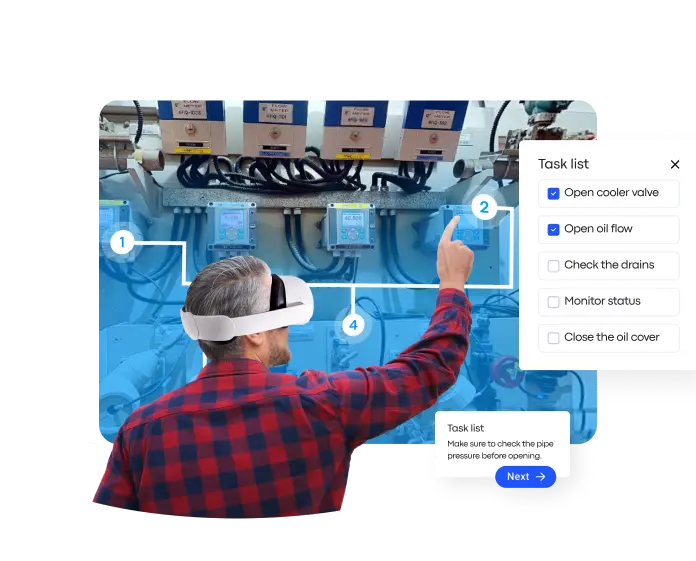 User wearing a VR headset interacting with a Treedis virtual training module, following a task checklist overlaid on an industrial Matterport environment.