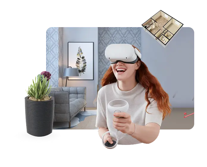 Smiling woman wearing a VR headset and interacting with virtual content in a home setting, representing user engagement in 3D environments.