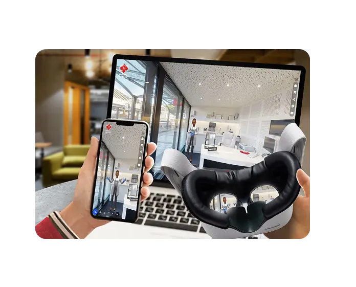 Tablet screen showing a digital tour with a VR headset placed on a desk, highlighting integration of digital, AR, and VR experiences.