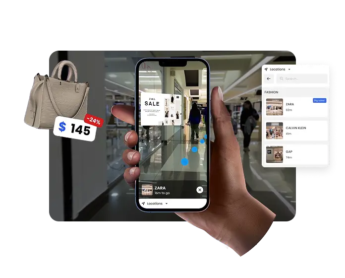 User viewing AR marketing content through a smartphone overlaid on a Matterport-rendered retail environment, enhancing product interaction and branding.
