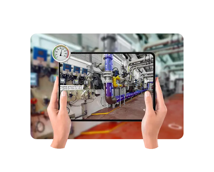 Tablet showing AR data overlays on industrial equipment within a Matterport-scanned environment, used for smarter decision-making.