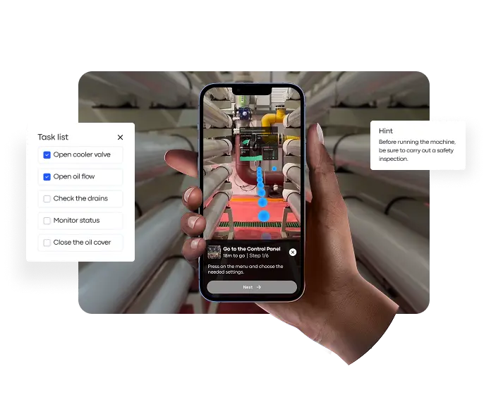 Hands holding a smartphone with an augmented overlay of a room created from a Matterport digital twin, used for immersive training and navigation.