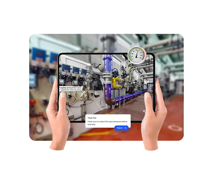 Hands holding tablet in an industrial Matterport digital twin, displaying past notes for tracking and managing historical issue data.