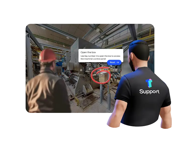 AR guidance within a digital twin training environment shows a worker how to open a machinery box using a specific key, with a support person standing nearby.