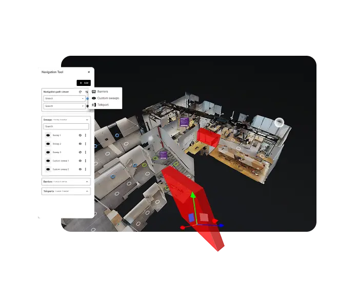 The Treedis platform interface displays a Matterport digital twin overlaid with customization options, including tools to add paths, sweeps, barriers, custom sweeps, and teleport points.