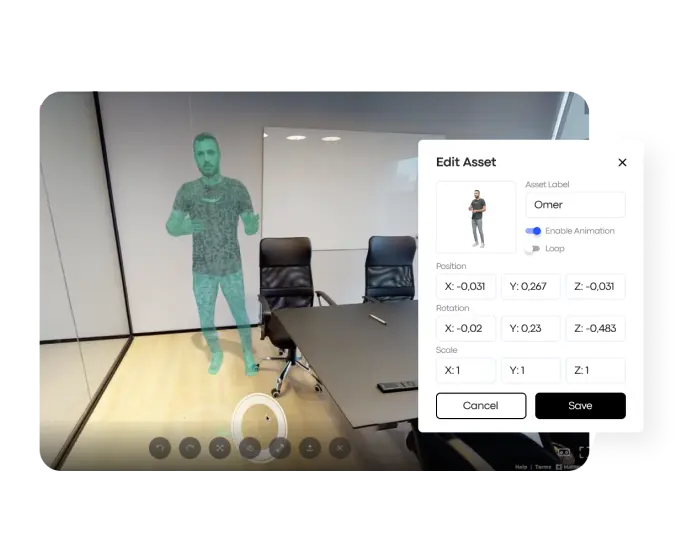 Treedis 3D Editor interface displaying a conference room with a custom 3D model of a human figure being edited in position, rotation, and scale inside a Matterport digital twin.