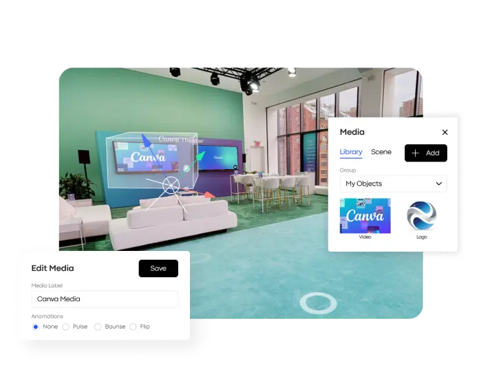 A virtual living room environment enhanced with multimedia tools in the Treedis 3D Editor, including options to insert logos, videos, and animated annotations over a Matterport twin.