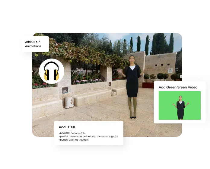 A virtual tour enhanced with immersive elements such as animated GIFs, HTML popups, and green-screen avatars added into a Matterport-captured courtyard using Treedis 3D Editor.