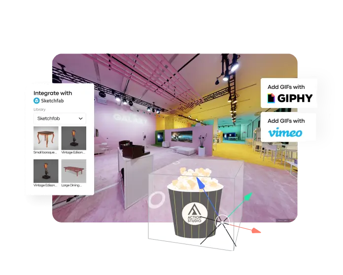 A colorfully lit showroom enhanced with 3D models and media from Sketchfab, Giphy, and Vimeo, with a Treedis drag-and-drop interface applied over a Matterport digital twin.