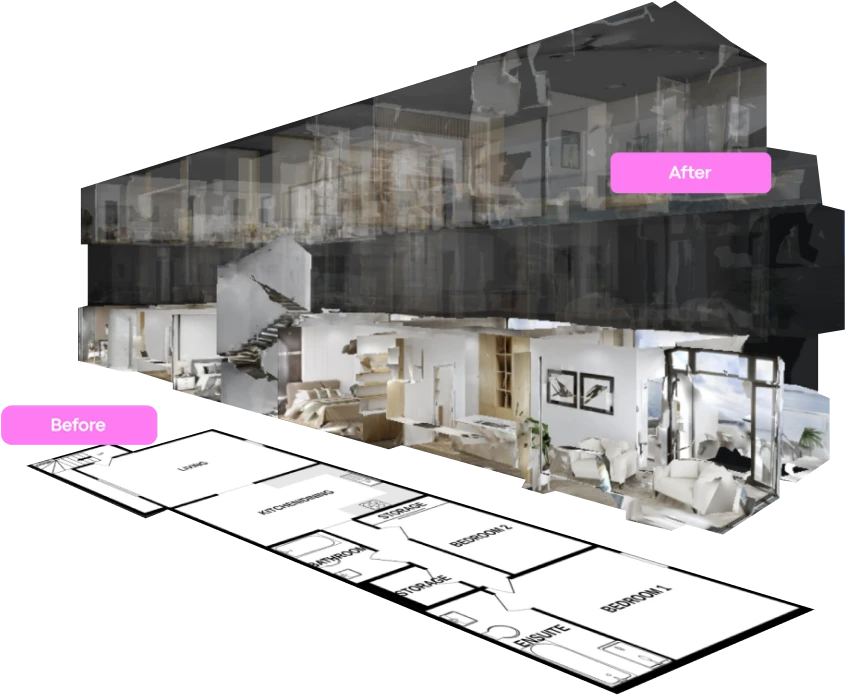 Visualize property transformations with before-and-after CGI enhancements applied to Matterport models.