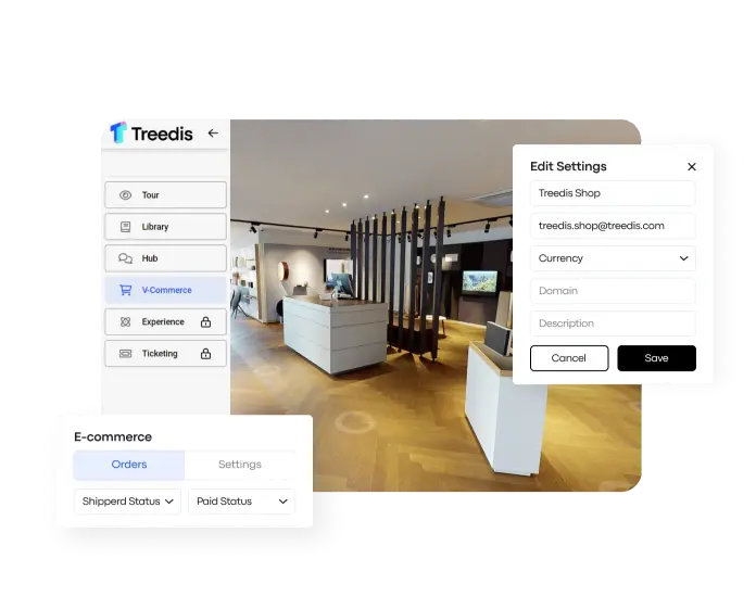 Treedis interface showing a virtual store setup with e-commerce order settings and customization options over a Matterport digital twin.