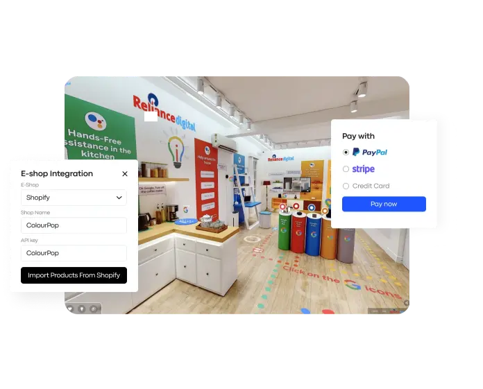 Shopify-integrated virtual store built with Treedis V-Commerce, featuring in-tour payment options via Stripe and PayPal for seamless online checkout.