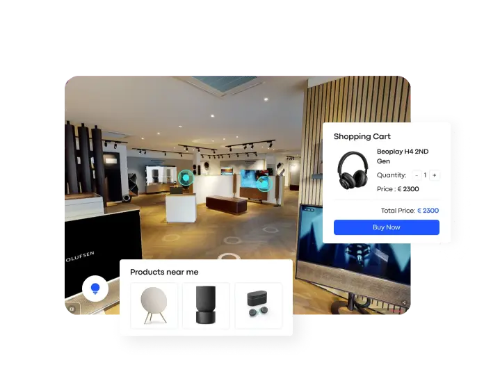 Immersive virtual store powered by Treedis V-Commerce, showing a shopping cart interface and nearby product suggestions within a Matterport digital twin.