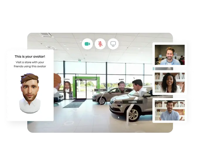 Virtual car showroom using Treedis V-Commerce with live avatars and video chat, enabling users to shop together online in a shared social experience