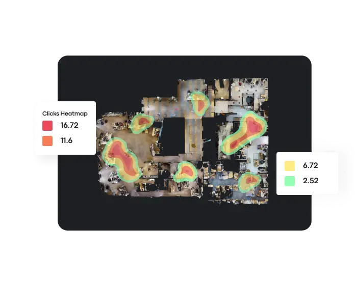 Clicks heatmap visualized on a Matterport environment to highlight user interaction zones and behavior patterns with Treedis Analytics.
