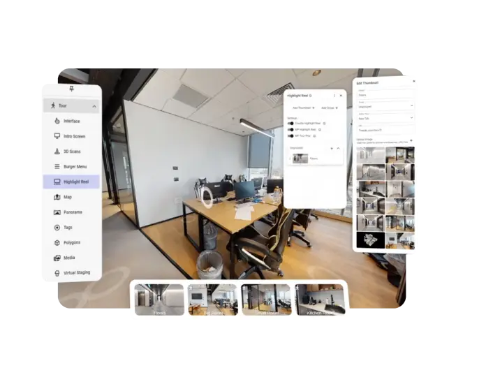 Office tour interface with burger menu, highlight reel, and multiple views connected in the Treedis Digital Twin Studio.