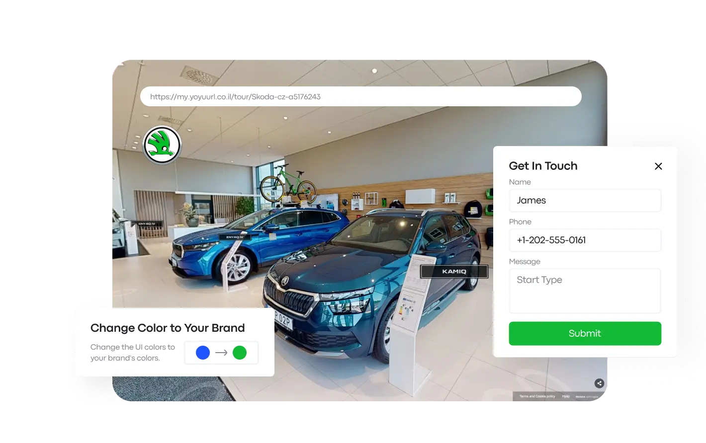 Branded dealership virtual tour with Treedis white label customization, showcasing brand colors and lead capture form.