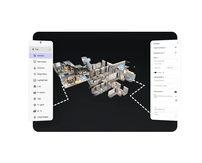 3D floorplan in Treedis Digital Twin Editor with interface panels on either side for immersive customization and tagging.