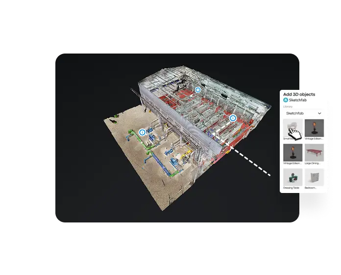 Mechanical plant scan with Treedis interface showing 3D object insertion from a Sketchfab library for immersive storytelling.