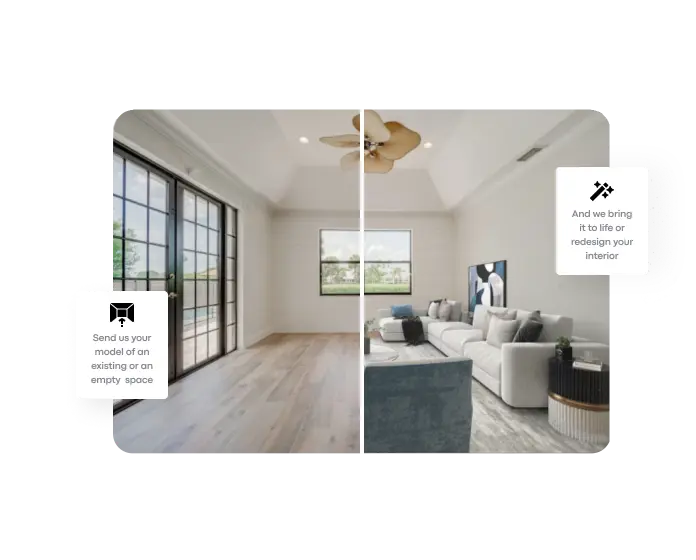 Before-and-after comparison of a customized CGI rendered interior, demonstrating how Treedis can redesign empty Matterport digital twin models with personalized layouts and furnishings.