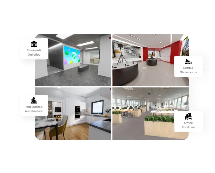 Gallery of use-based CGI render styles for virtual spaces, including museums, retail showrooms, real estate, and office facilities created from floor plans or Matterport scans.