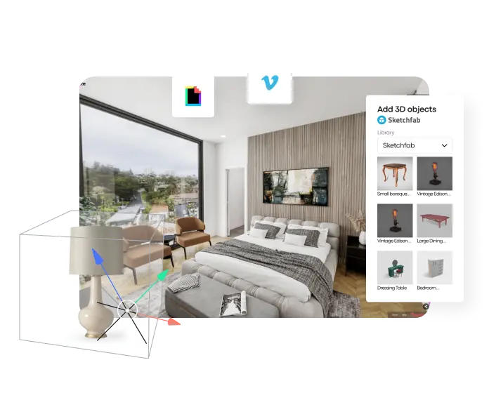 Rendered virtual bedroom with integrated 3D objects and Sketchfab models, showing Treedis’s ability to enhance Matterport spaces using Giphy, Vimeo, and 3D media imports.