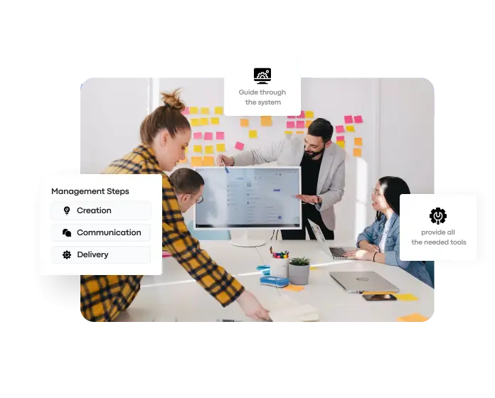A Matterport digital twin of an office space with interface overlays representing account management tools, illustrating Treedis’s fully managed service for enterprise clients.