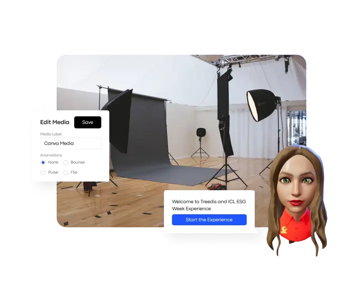 A creative studio setup with green screen gear and a 3D avatar, emphasizing Treedis’s full-service production capabilities for large-scale enterprise projects.