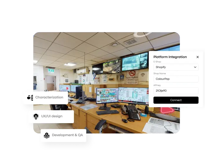 A virtual office environment with developer-oriented overlays, highlighting Treedis’s ability to deliver customized feature development and tailored digital twin solutions.