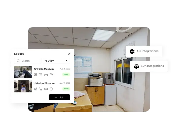 A digital twin environment showing a backend interface for managing multiple spaces and clients, with API and SDK integration badges, representing Treedis’s scalable enterprise platform.