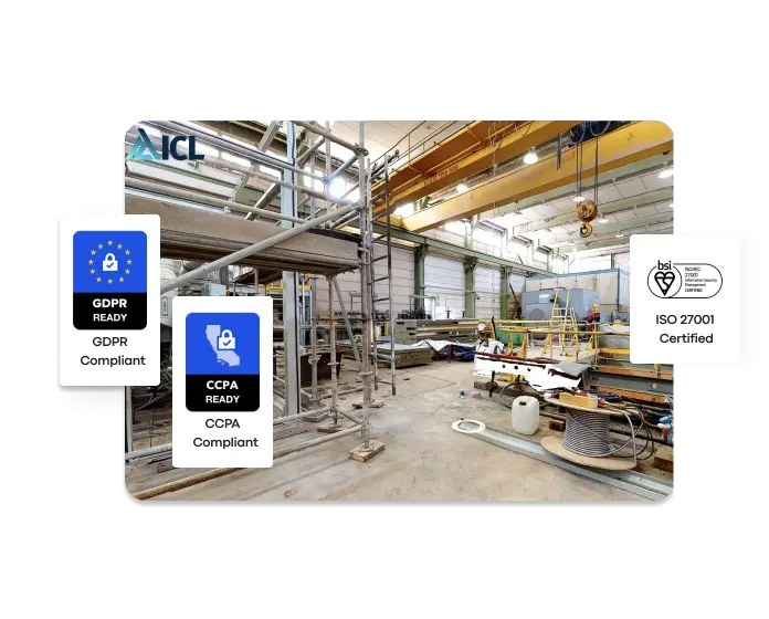 A Matterport digital twin of an industrial warehouse overlaid with GDPR, CCPA, and ISO 27001 compliance badges, highlighting Treedis’s enterprise-grade data security.