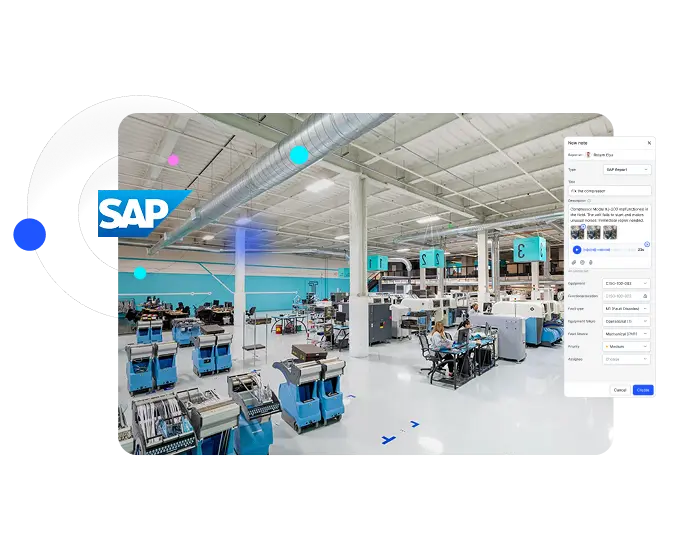 Factory floor Matterport digital twin showing Treedis Notes interface integrated with SAP for real-time maintenance and issue tracking in industrial environments