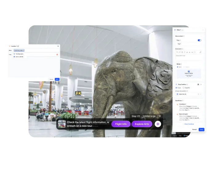 Treedis Flows interface overlaid on a Matterport digital twin, providing step-by-step interactive guidance with directional prompts and task instructions.