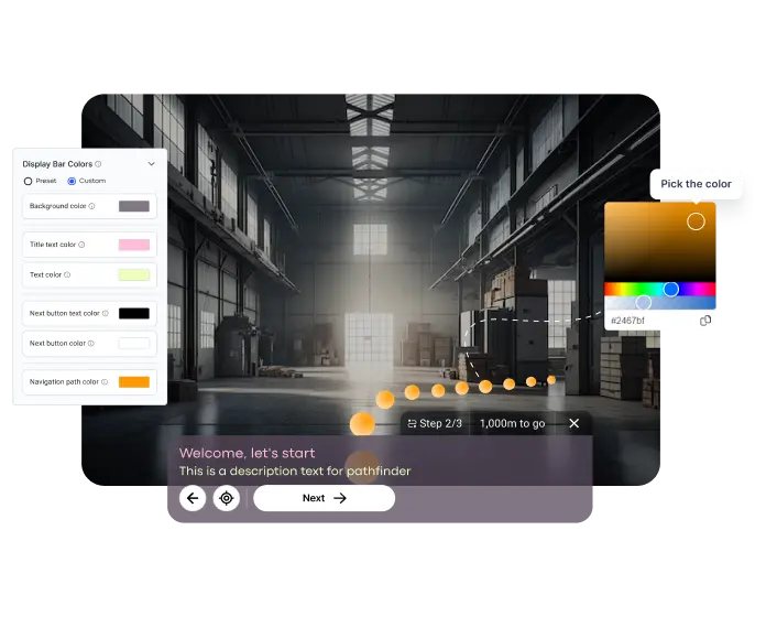 Industrial virtual environment with Treedis Flows interface showing custom button styles, color settings, and guided transitions tailored to specific user scenarios.