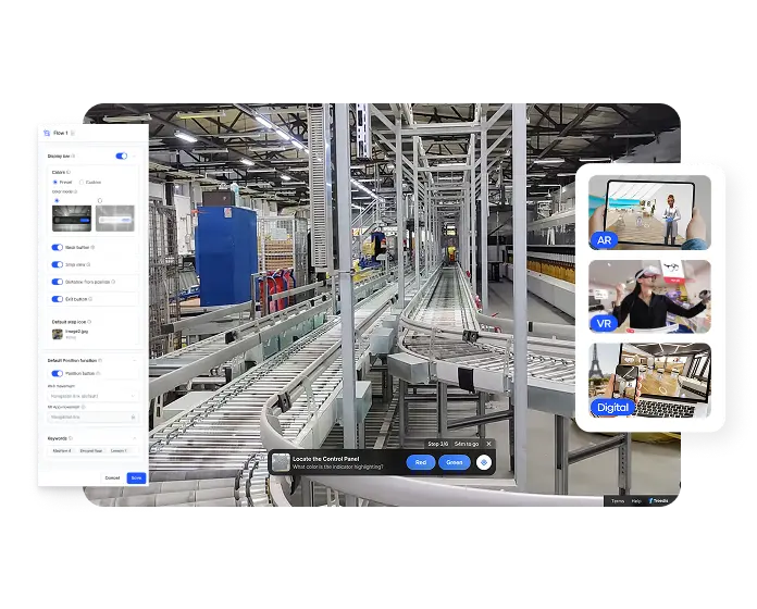 Factory floor displayed in a Matterport digital twin with Treedis Flows interface, highlighting AR, VR, and digital screen integration options for immersive training and operations.
