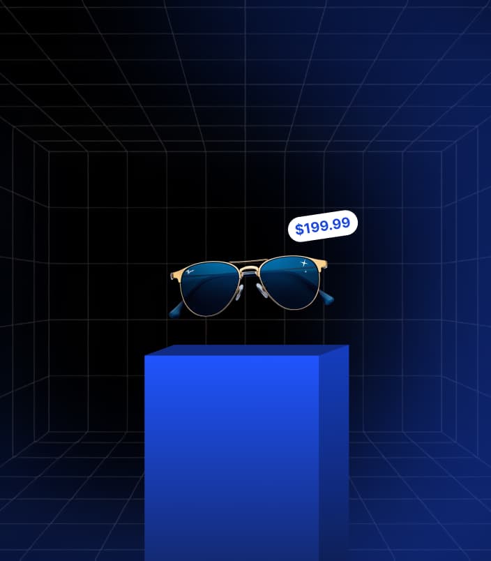 Virtual display of sunglasses with price tag in Treedis V-Commerce platform, showcasing interactive 3D product visualization for online retail.