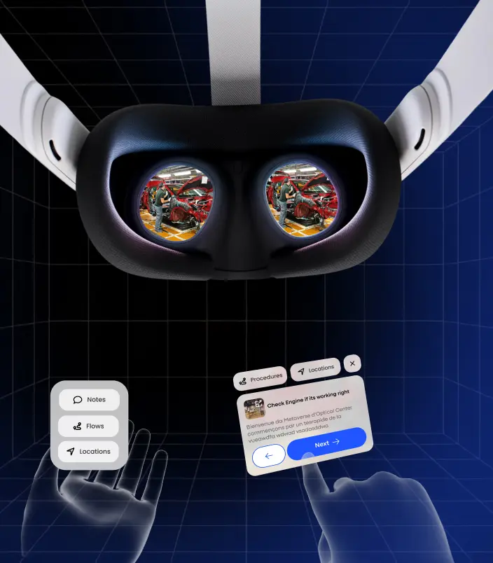 Close-up of a virtual reality headset showing immersive content, with VR controllers and digital interface elements in the background.