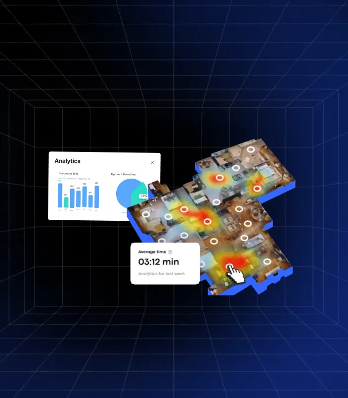 Heatmap and engagement graphs overlaid on a Matterport digital twin using Treedis Analytics for tracking user behavior and optimizing 3D tour performance