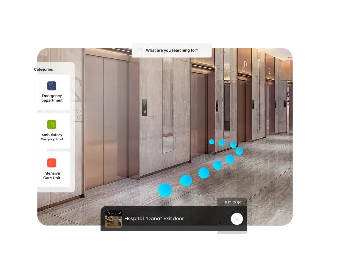 Augmented reality map showing indoor navigation paths overlaid on a Matterport digital twin of a facility hallway.