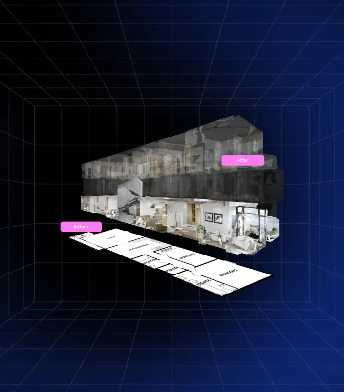 Split-view CGI render showcasing a Matterport digital twin transformed into a photorealistic virtual environment, highlighting Treedis's before-and-after capabilities.
