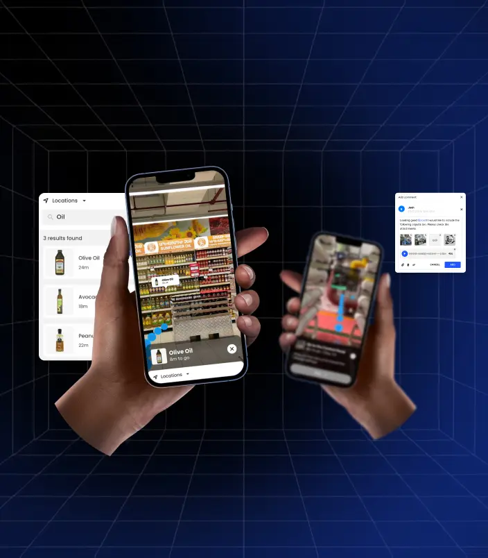 Two smartphones displaying AR interfaces layered over Matterport digital twins, showcasing real-time interaction with physical environments.