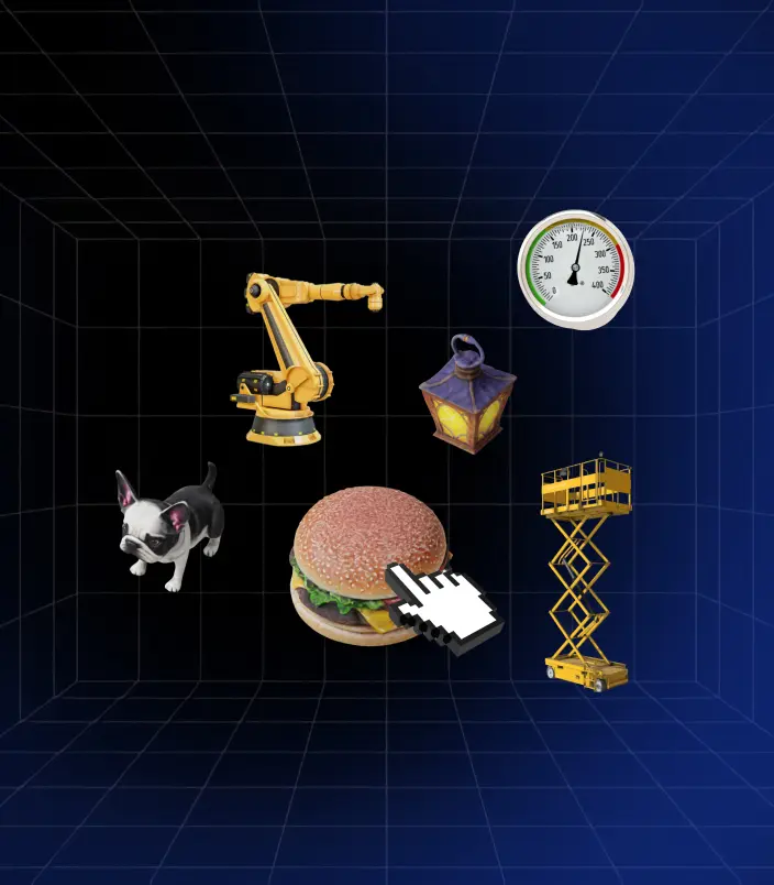 Illustration of Treedis 3D Editor interface featuring various 3D assets like a robotic arm, lamp, pressure gauge, burger, dog, and scissor lift arranged in a virtual cube space, highlighting the customization of Matterport digital twins.