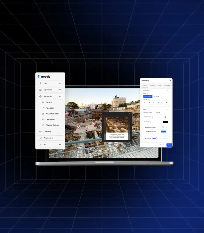 Treedis Digital Twin Studio interface showing a 3D tour with tag editor and customization panel open on a laptop screen.