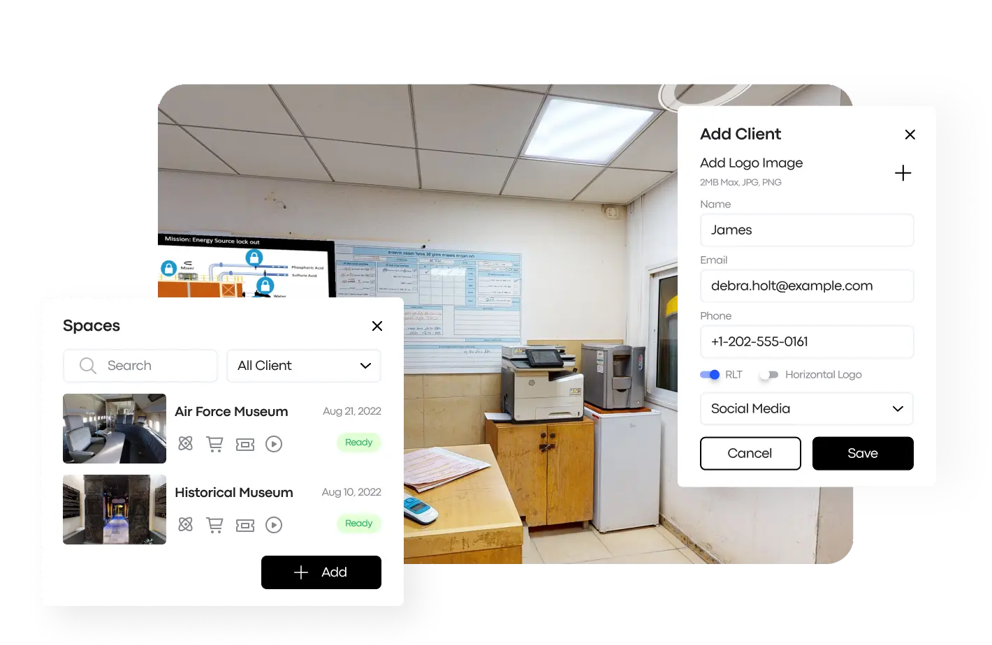 A Treedis platform interface displaying client management tools for Matterport digital twins and virtual tour options like "Air Force Museum" and "Historical Museum," symbolizing the platform's versatility in managing virtual spaces.