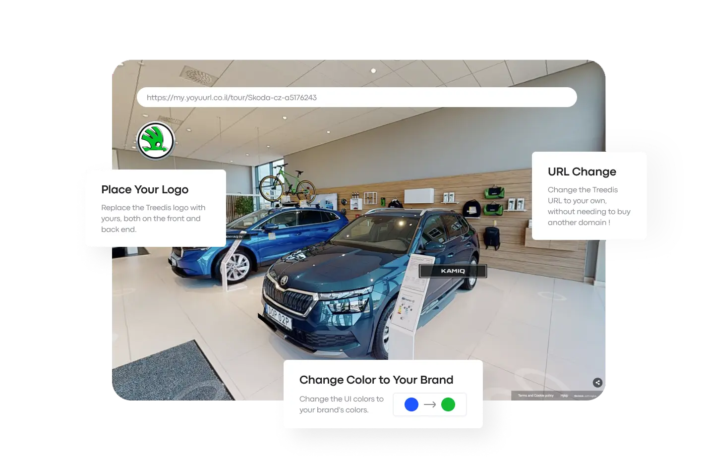 A Treedis interface showcasing a Matterport digital twin of a car dealership. Overlays indicate options to "Place Your Logo," change the "URL," and "Change Color to Your Brand," illustrating customization features for branded virtual experiences within the Treedis platform
