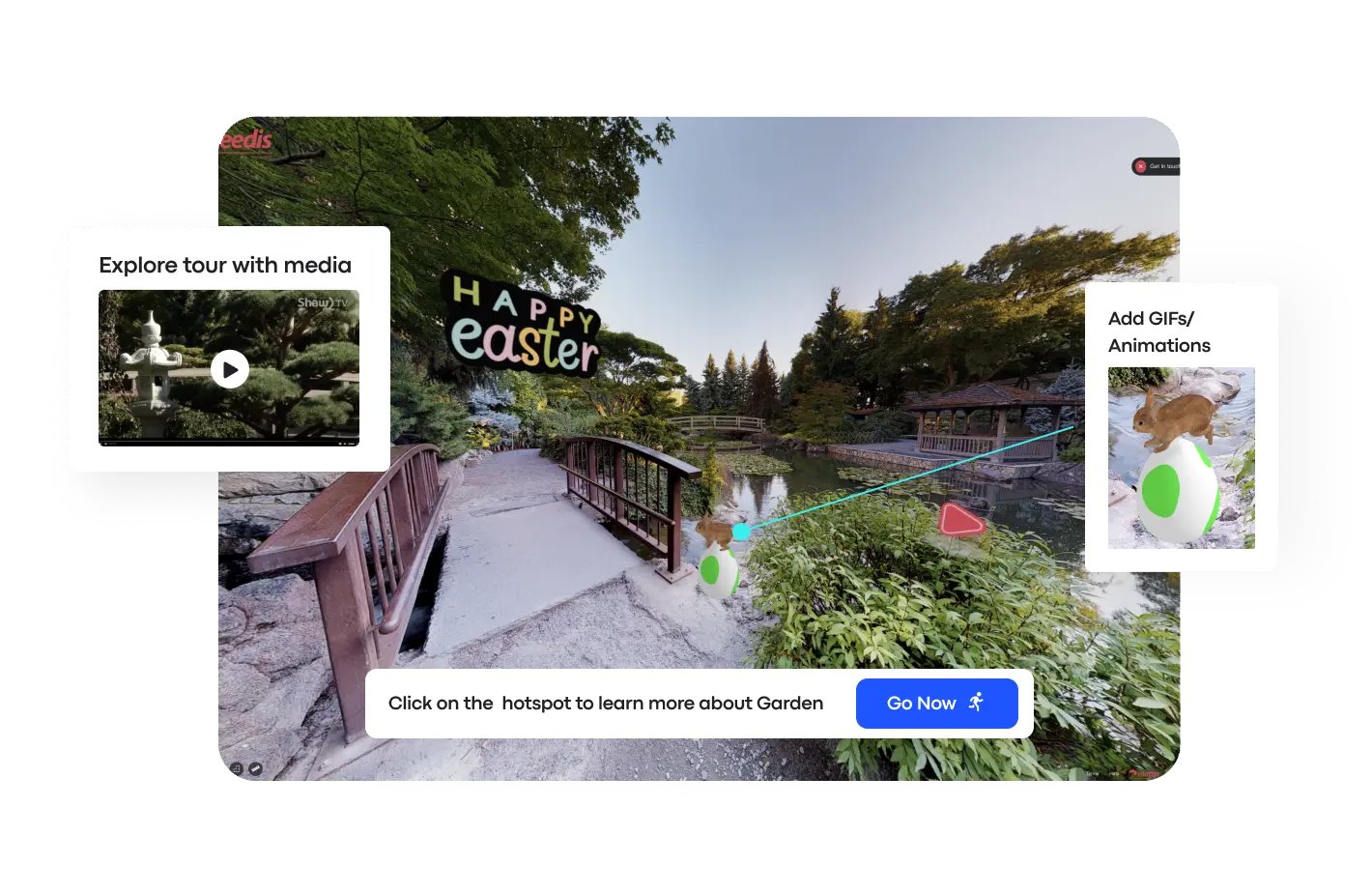 A Treedis interface displaying a Matterport digital twin of a park, enhanced with interactive elements like embedded videos and animated GIFs, demonstrating branded marketing opportunities within the virtual tour experience.