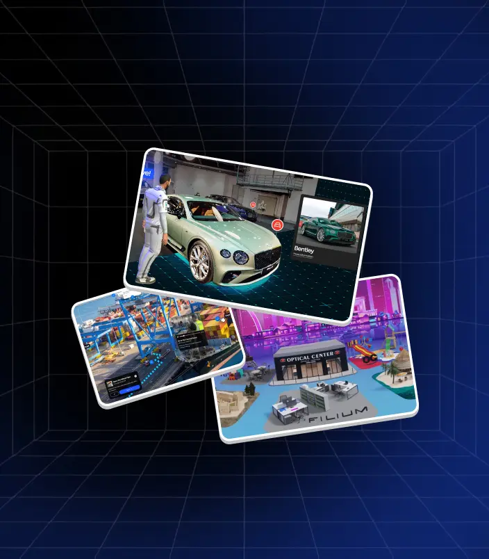A grid of immersive enterprise experiences, including automotive, retail, and industrial virtual environments, built using Treedis and Matterport digital twins.