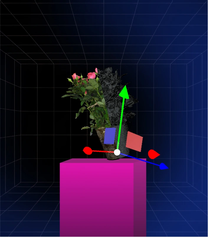 A digital rendering shows a potted pink rose plant with green leaves, positioned on a bright pink cube against a dark background with a blue grid. A set of red, green, and blue arrows emanate from the base of the pot, showing the ability to move the pot in the digital twin editor.