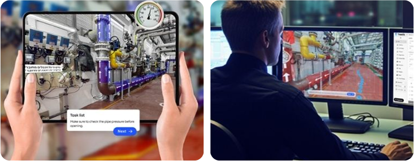 Technician using Treedis Augmented Reality on a tablet to follow industrial maintenance tasks inside a Matterport-scanned environment.